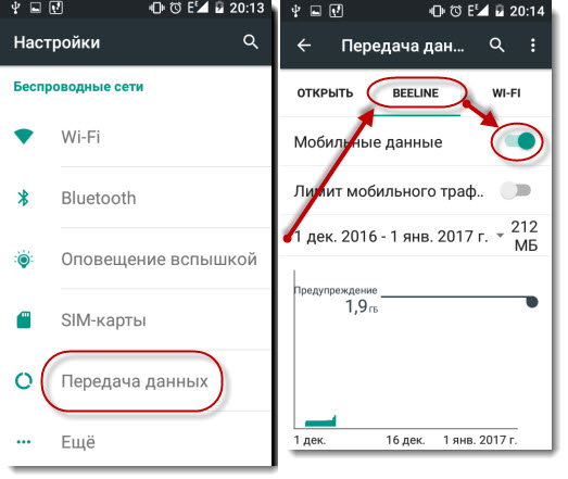 включение интернета в настройках